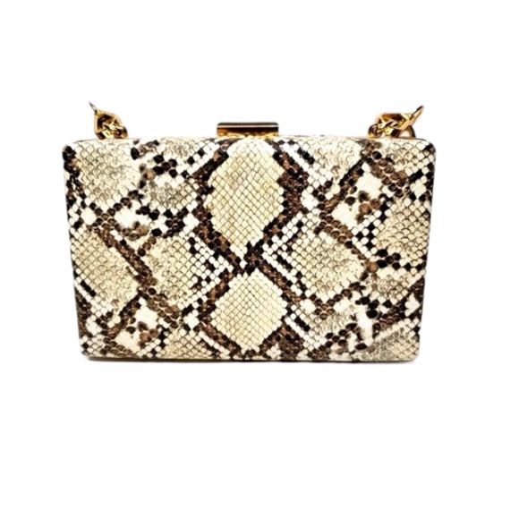 Snakeskin Print Pattern Gold Chain Mini Hardbody Cream Brown Clutch Purse Bag - Picture 2 of 6